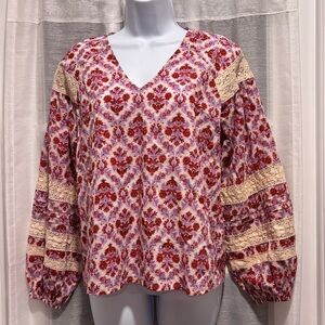 eze sur mer Yvonne Floral V-Neck Blouse Balloon Long Sleeves Lace Purple Red XS